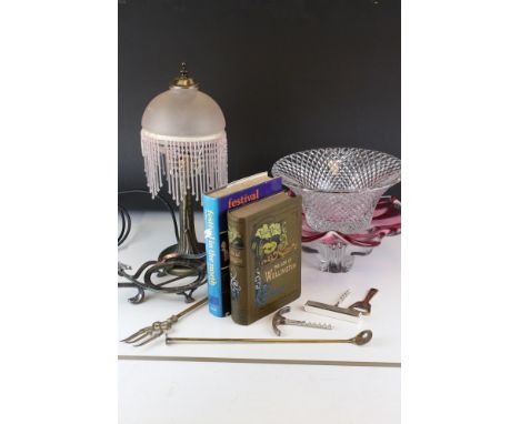 Mixed Lot including Studio Glass Bowl, Tiffany style Lamp, Brass Fire Tools, Books, Secessionist Stand, etc 