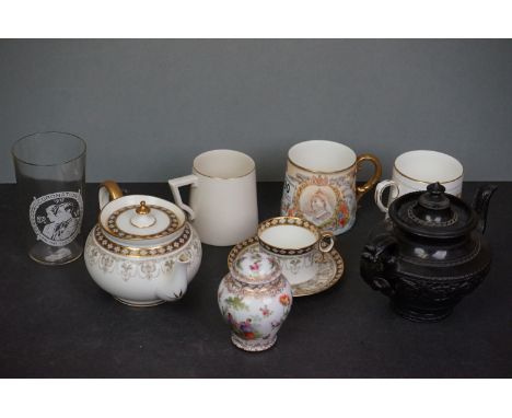 A group of ceramics to include Basalt teapot,Cauldon teapot and cup and saucer Goss cup mug etc. 
