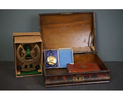 A box of mixed collectables to include a vintage voltmeter, postal scales and a jewellery box. 