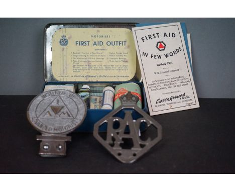 A collection of automobilia to include to car mascot badges and a motorists first aid kit in RAC tin box. 