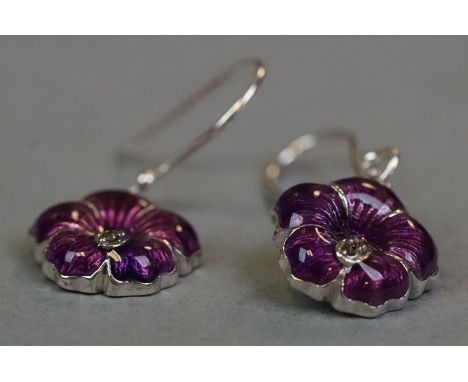 Pair of silver and enamel flower head earrings, stamped 925 