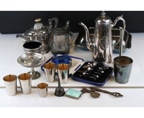 Mixed Lot of Silver Plate and Metal Ware including Stacking Stirrup Cups, Lidded Tureen, Teapot, Coffee Pot, Sweet Dish, Two 