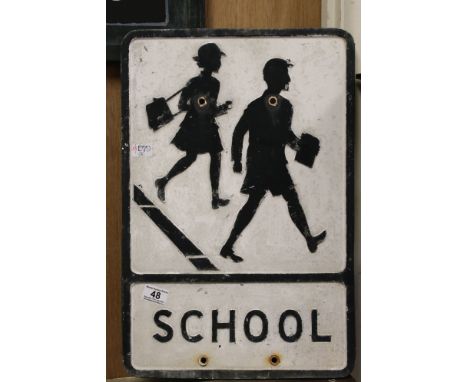 A vintage metal School crossing sign, 54 cm x 36 cm. 