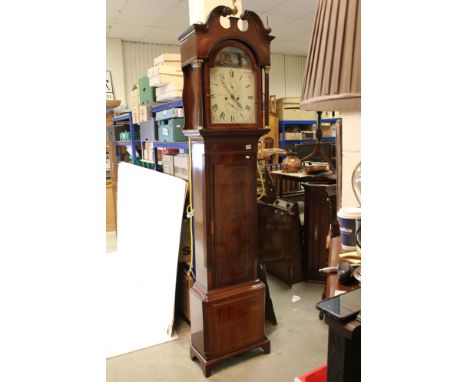 19th century Mahogany Inlaid 8 day Longcase Clock, the painted face with rocking ship to arch, Roman numerals, seconds dial a