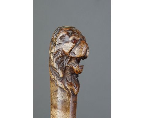 Walking Stick with Carved Lion Head Handle and White Metal Band, 96cms high