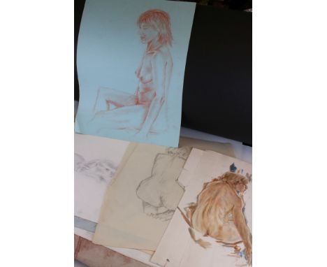 Folder containing a selection of portrait and nude studies by various hands, in oil, sanguine and pastel 