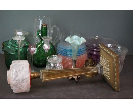 A quantity of glass ware to include a green rinser,jugs  bowls etc together with an Art Deco oil lamp. 