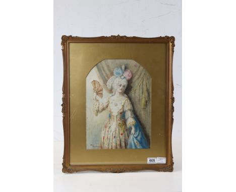 George Gatcombe Portrait of a French beauty in 19th Century dress, standing 3/4 lengthWatercolourSigned lower left36.5 x 26cm