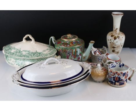 Mixed Lot of Ceramics including Chinese Famille Rose Teapot decorated in enamels with figures and butterflies, 16cms high 