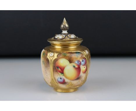 A late 20th century Royal Worcester lidded gilt vase fruit decorated panels signed Frank Roberts. 