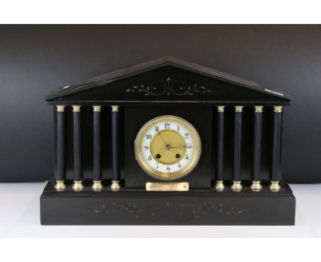 Early 20th century Slate Mantle Clock of Architectural form with a presentation plaque from the Clandown Football, Cricket &a