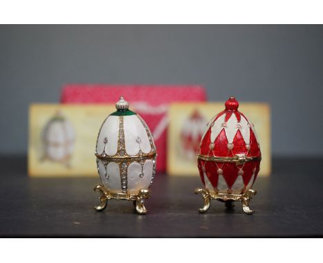 Atlas Editions enamel Faberge style eggs 'Nest Of Pearls' &amp; 'Harlequin' 