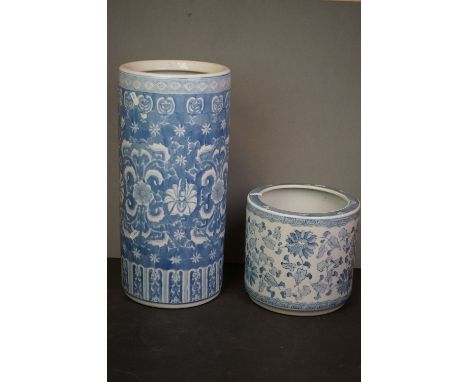 Blue and White Ceramic Stick Stand, 46cms high together with a Blue and White Ceramic Jardiniere, 20cms high 