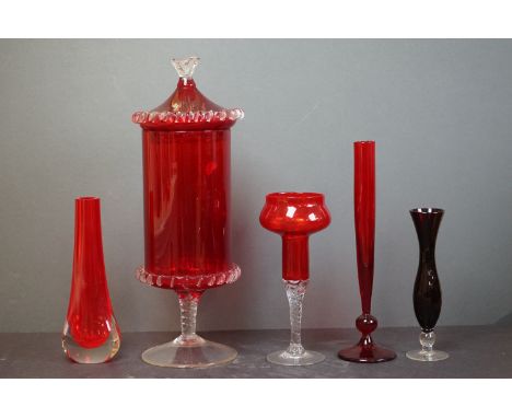 Selection of red and ruby glassware, to include Whitefriars style vase, large Bohemian lidded and raised glass decorative cen