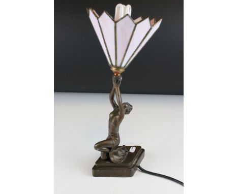 Bronzed Resin Table Lamp in the form of a Semi-Naked Art Deco Lady holding a Tiffany style Shade, 36cms high 