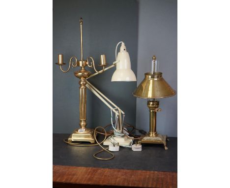 A retro Herbert Terry angle poise lamp together with a lace makers lamp and  one other lamp. 
