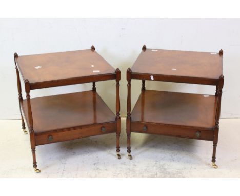 Pair of Reproduction Regency Lamp Tables with shelf below raised on castors, 56cms long x 61cms high 