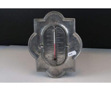Pewter Cased Wall Hanging Thermometer, the gauge with moveable flap giving readings in Celsius, Reaumur and Fahrenheit, 20cms