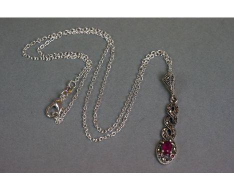 Silver snake drop pendant necklace, set with ruby head and marcasites 