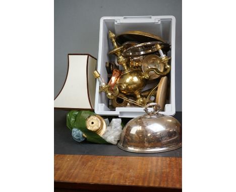 A box of mixed metal ware to include brass wall lamp, copper candleholder and silver plate.