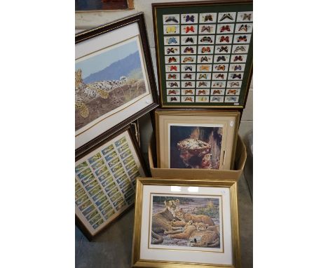 A quantity of framed cigarette cards to include cars, cricketers, butterflies etc together with two Stephen Gayford big cat l