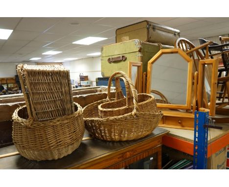 Four wicker baskets, to include vintage flower/fruit picking etc plus Pine Dressing Table Mirror with two drawers 