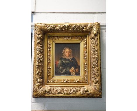 19th century, gilt swept framed, oil painting, a portrait of a Victorian lady in a lace bonnet 
