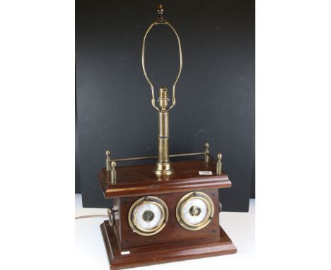 Mid 20th century Nautical style Table Lamp, the hardwood case set with a Shortland SB Thermometer and Barometer, 72cms high 