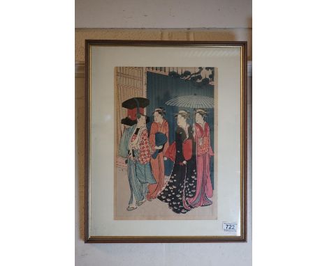 Torii Kiyonaga (1752-1815) a signed Japanese woodblock portrait of a group of geishas, one holding a Wagasa umbrella 