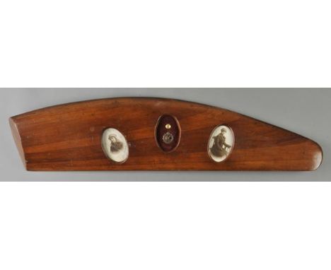 *RFC Propeller. A WWI mahogany propeller blade,  with three apertures encompassing photographs of a WRAF female with RFC bras