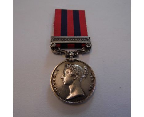 *India General Service 1854-95, one clasp, Burma 1887-89 (2362 Pte C. Haynes 1st Bn Ches R.),  pawnbroker's marks to reverse,