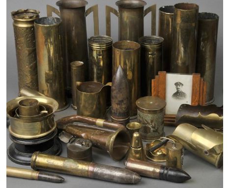 *Trench Art. A large collection of Great War and later brass trench art,  including a string box with engraved decoration 'Ar