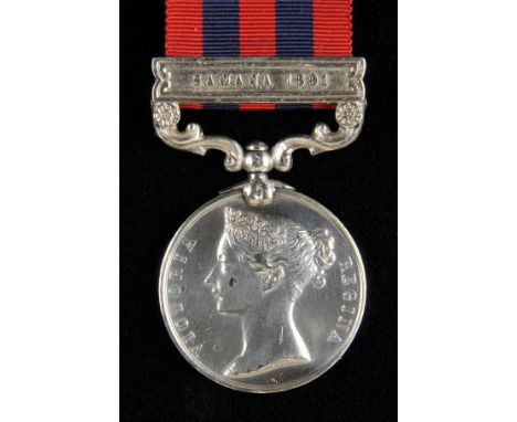 *India General Service 1854-95, one clasp, Samana 1891 (1063 Pte R. Carr 2nd Bn Manch. R.), lacquered, pawnbroker's mark to o