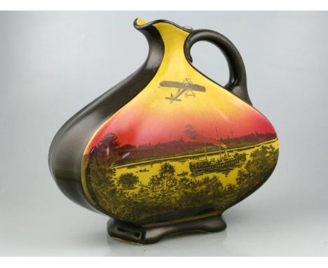 *A circa 1913 Royal Doulton Water Jug. A promotional porcelain pitcher of exaggerated squat form,  advertising Dewar's Whisky