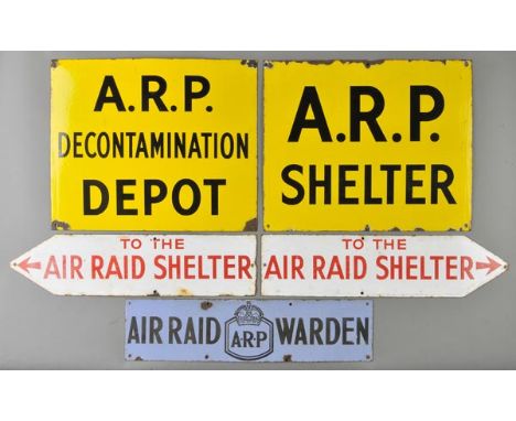 *Air Raid Precaution. A collection of WWII enamel signs,  including two 'To the Air Raid Shelter' arrows, red font on a white