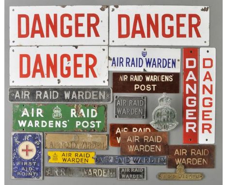 *Air Raid Precaution. A collection of small enamel and bakelite signs including County of Essex 'Air Raid Warden',  blue font