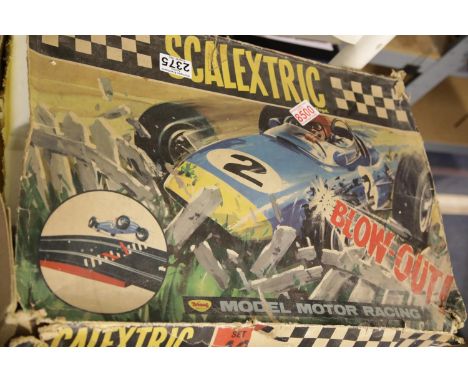 Three Scalextric racing cars, controllers and ten figurines plus an empty Triang Railways box. P&amp;P Group 2 (£18+VAT for t