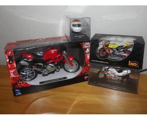 2 IXO 1.24 Racing Motor Bikes + 1 Newray 1.18 Scale Ducati + 1 Minichamps Helmet, P&amp;P Group 1 (£14+VAT for the first lot 