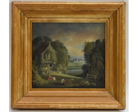 English Naive School, late 19th century,An Idyllic Landscape,oil on panel, 22cm x 24cm