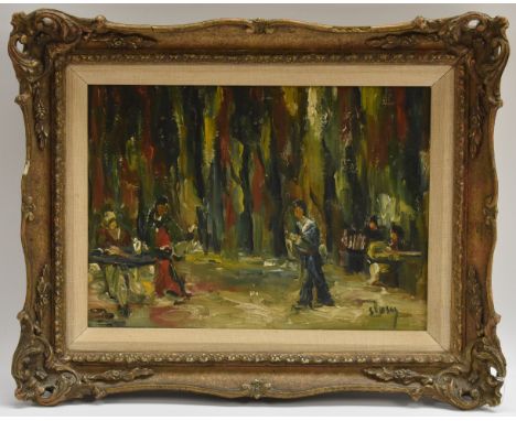 Impressionist School, mid 20th century,The Musicians,indistinctly signed, oil on panel, 25.5cm x 36cm