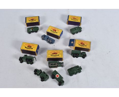 SIX BOXED AND THREE LOOSE MATCHBOX SERIES DIE-CAST MILITARY VEHICLES, the first is a Moko Lesney Ferret Scout Car no.61, good