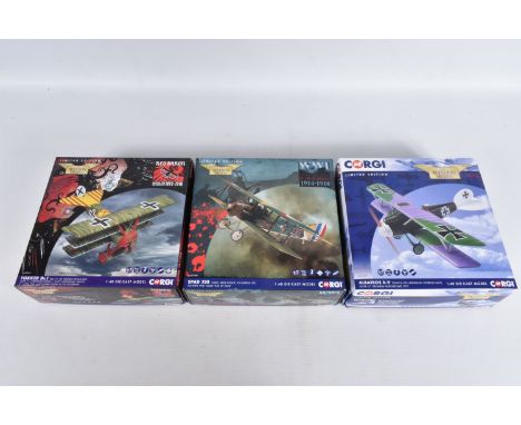 THREE BOXED CORGI LIMITED EDITION AVIATION ARCHIVE 1:48 MODEL MILITARY AIRCRAFTS, the first a Albatross D.V, numbered AA37807