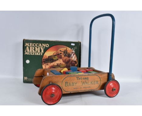 A TRI-ANG BABY WALKER, wooden construction with red painted wheels and black tyres, blue handle with a number of varying shap