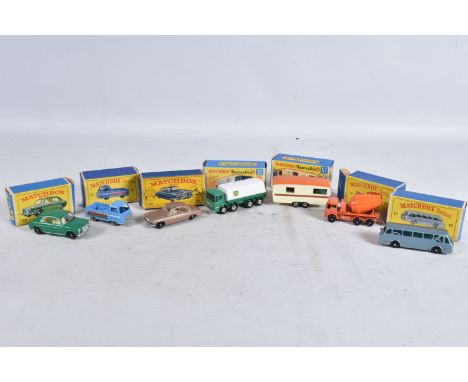 SEVEN BOXED MATCHBOX DIE-CAST MODELS, the first is a Long Distance Coach no.40 in metallic blue, black tyres and blue windows