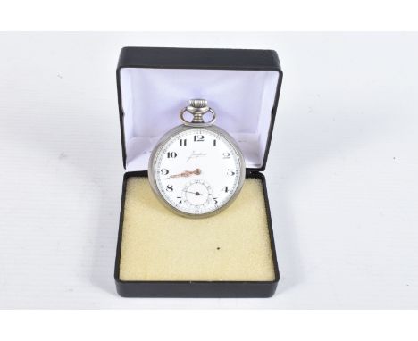 A STAINLESS STEEL JUNGHANS POCKET WATCH, white dial with Arabic numerals, decorage rose gold coloured hands, subsidiary dial 