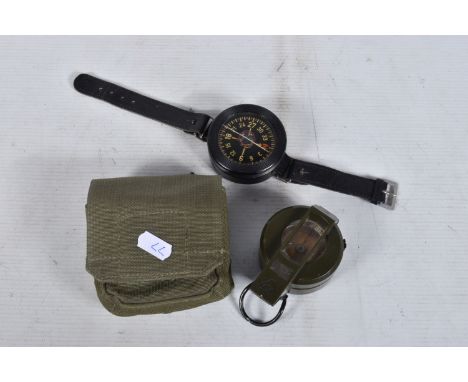 A WWII ERA GERMAN LUFTWAFFE WRIST COMPASS AND AN ISRAELI MILITARY COMPASS, the Luftwaffe compass comes on a black leather str