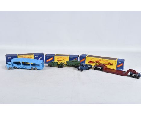 THREE MATCHBOX SERIES MOKO LESNEY MODEL TRANSPORTER DIE-CAST VEHICLES, the first a Major pack Mightly Antar Tank Transporter 