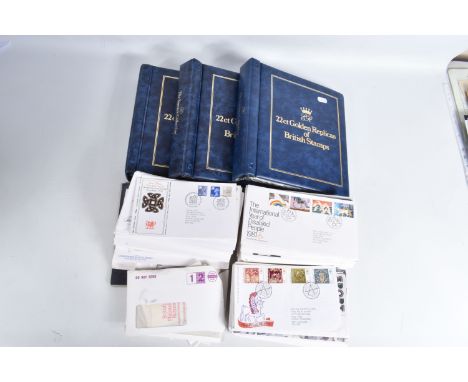 THREE ALBUMS OF 22 CARAT STAMP REPLICA COVERS TOGETHER WITH AN ASSORTMENT OF GB 1970S AND 80S MINT STAMPS AND FIRST DAY COVER