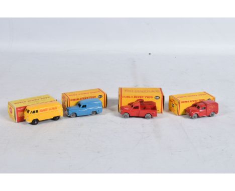 FOUR BOXED DUBLO DINKY DIECAST VEHICLES, Commer Van, No.063, Morris Pick-Up, No.065, Morris Royal Mail Van, No.068 and Volksw