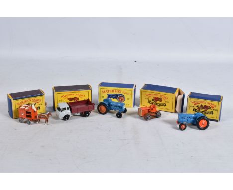 FIVE MATCHBOX SERIES DIE-CAST MODELS, the first is a Bedford Tipper Truck no.3, in Maroon and grey with black wheels, some lo